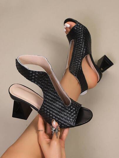 Women's Fashion Snake Skin Texture Hollow Out Open Toe Chunky Heel Sandals, Versatile For Summer
