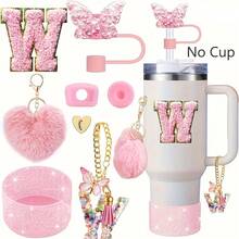 8 Stück Zubehör für 40oz & 30oz Becher, inklusive Strohhalm-Deckel, auslaufsicherer Silikonverschluss, Silikonmanschette, Buchstabenanhänger-Kette, Aufkleber, Herz-Haken, Herz-Pompon-Haarball-Anhänger, für Camping, ideales Valentinstags-Geschenk, Muttertags-Geschenk (ohne Becher)