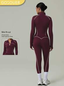 GOSOUER 2 PCS CO Ord Workout Set Women Outdoor Sports Outfit Lapel Long Sleeve Zip Up Jacket With Thumbholes Contrast Piping Front Twisted Design Sports Legging Yoga Pants For Gym Workouts,Running, Hiking & Outdoor Sports - Red Violet - View 2
