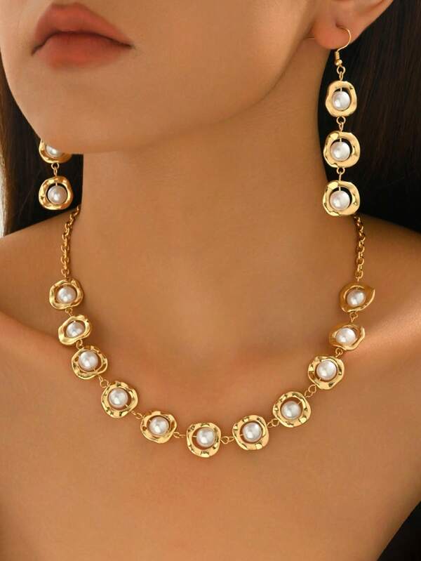 Vintage Metal Hollow Asymmetrical Circle Faux Pearl Necklace With Tassel, Elegant Choker Earrings Set