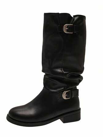 2025 Silver Metal Buckle Tall Slouch Boots, Round Toe Mid-Calf Riding Boots For Women
