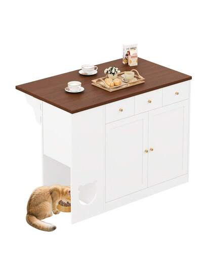 Kitchen Isl Trolley Sideboard Drawers Extendable Worktop, Spice Rack, Pet Feeding Area out Cat Bowl), Wit Walnut, 120*(40+30)*90 Cm view 6