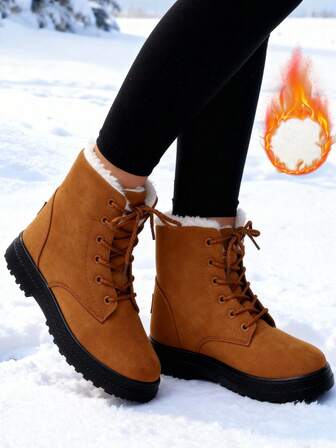 女士轻便加厚保暖雪地靴，短筒，冬季绒面内衬，圆头，大码，防寒，平底，防滑，尺码 35-44