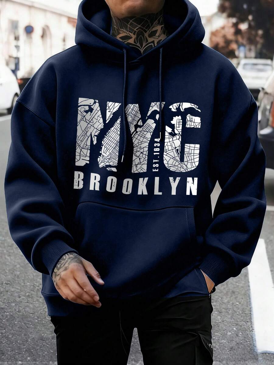 Men's Casual Street Style NYC Slogan Print Pocket Drawstring Hoodie, Spring/Autumn - Navy Blue - View 1