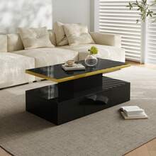 Coffee Table, Table With Drawers, Glossy Lacquered Finish, Side Table With Two Shelves. With LED Light. - Black - View 7