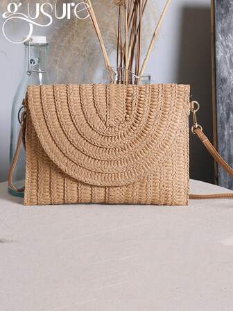 夏季海滩草编手拿包可爱斜挎包女士旅行单肩包钱包女士休闲柳条手提包手工草编海滩单肩斜挎包信封编织夏季小手拿包，度假必备品，完美搭配女士海滩配饰，时尚夏季度假包，海滩必备女士度假和度假包