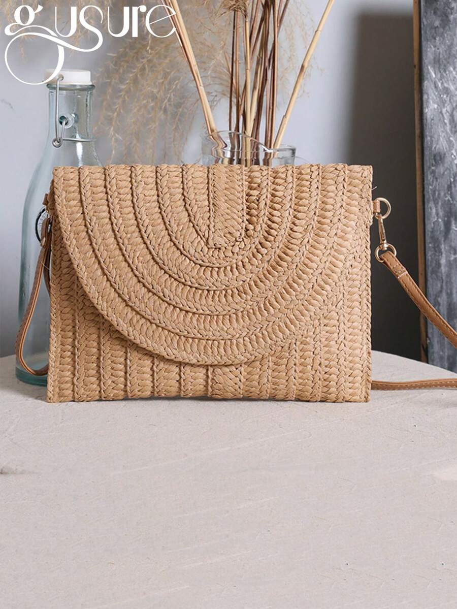 夏季海滩草编手拿包可爱斜挎包女士旅行单肩包钱包女士休闲柳条手提包手工草编海滩单肩斜挎包信封编织夏季小手拿包，度假必备品，完美搭配女士海滩配饰，时尚夏季度假包，海滩必备女士度假和度假包