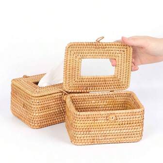 1 pieza Portarrollos de papel higiénico de ratán hecho a mano, dispensador de pañuelos tejido cuadrado con base antideslizante, borde redondeado, adecuado para decoración del hogar, baño, oficina, hotel