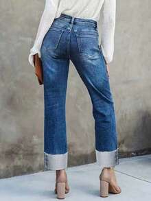 Women Vintage Washed Distressed Casual Straight-Leg Slanted Pocket Jeans Rolled-Up Cuffs, Non-Stretch Trousers, Perfect For Everyday Wear And Commuting. - 深色水洗藍 - 查看 3