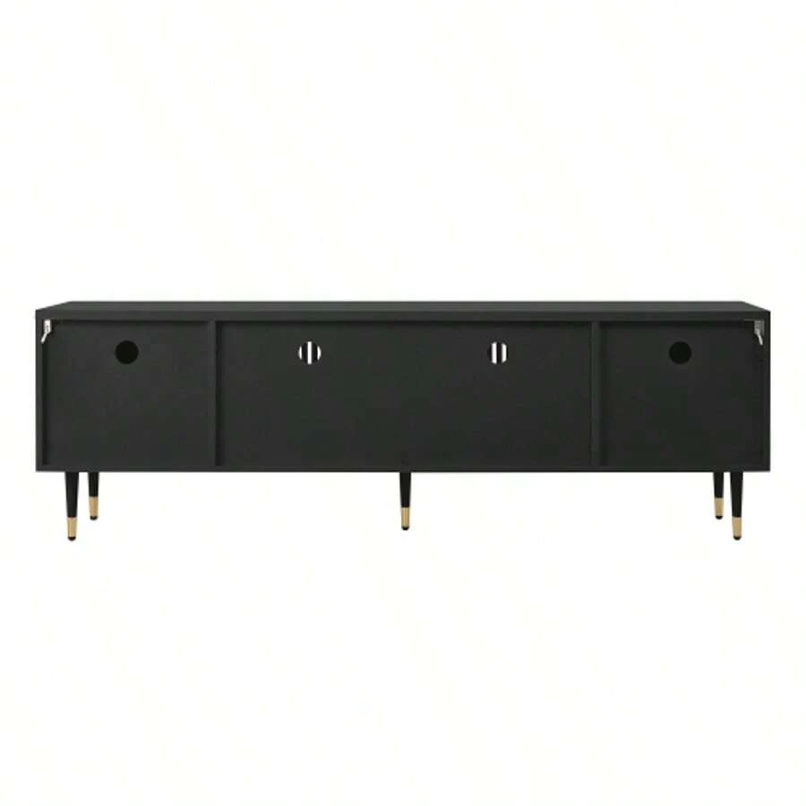 TV Cabinet, TV Furniture With A Lattice Structure, Hidden Handles, And Gold Decor. Living Room Furniture. Two Solid Wood Doors. - Black - View 1