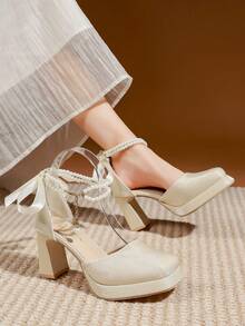 (Suggest Ordering One Size Up) Latest New Thick Heel Waterproof Platform Super High Heel Satin Pearl Bow Shehua Wedding Bridal Shoes - Beige - View 1