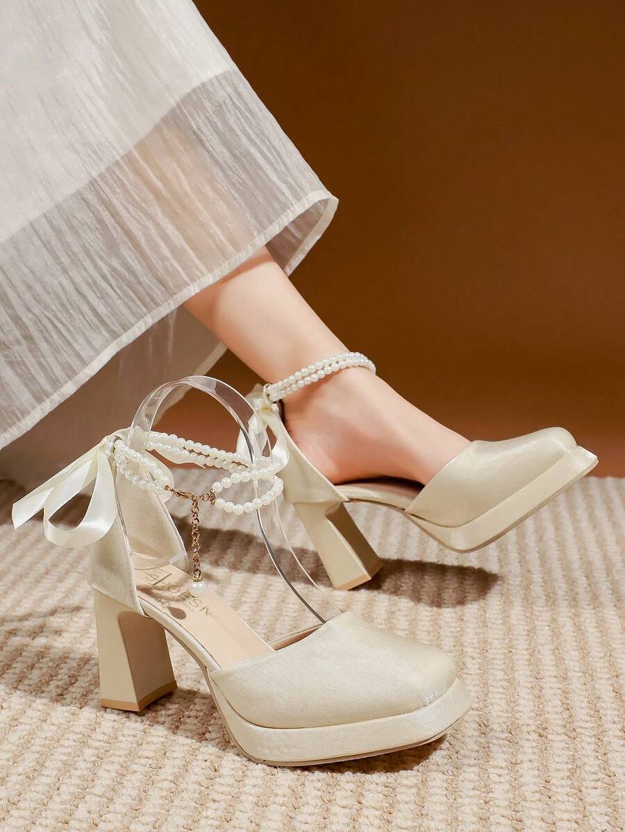 (Suggest Ordering One Size Up) Latest New Thick Heel Waterproof Platform Super High Heel Satin Pearl Bow Shehua Wedding Bridal Shoes - Beige - View 1