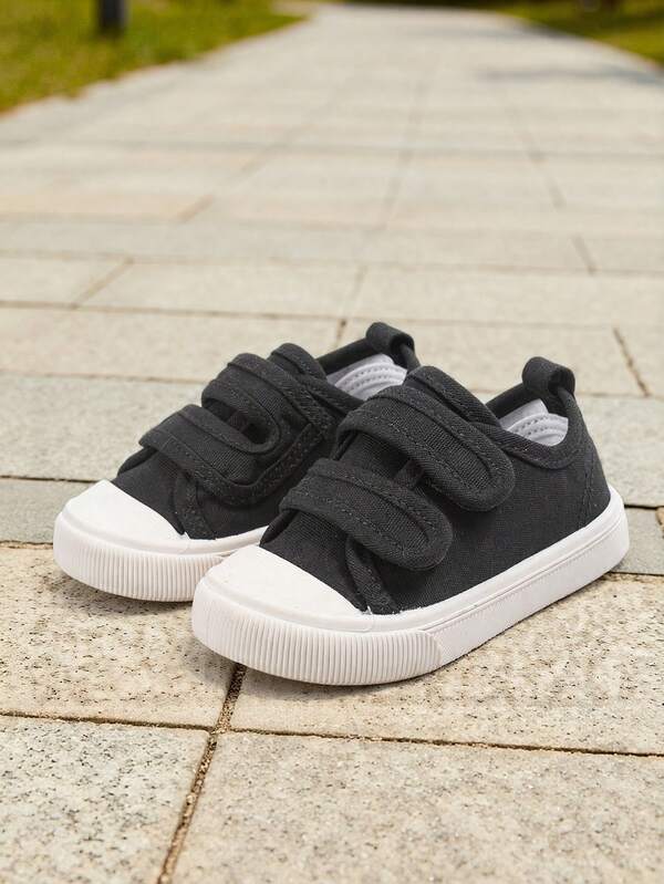 1 Pair Toddler Boys' Black Low-Top Canvas Sneakers With Double Hook And Loop Fasteners, Round Toe, Flat Bottom, Comfortable, Breathable, Fashionable, Cool, Minimalist And Versatile Style, Casual Baby Shoes, Suitable For Daily Outdoor Activities & School Outfits & Strolling & Travelling, Spring, Summer And Autumn