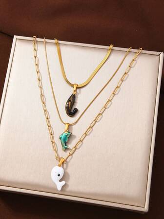 3pcs Fashionable & Cute Ocean Creature Fish Pendant Necklace, Suitable For Women's Daily Outfit, Festivals, Engagement, Wedding Gifts