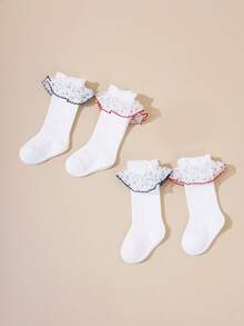 2双花边装饰短袜，白色，荷叶边踝袜，中筒袜 - 彩色 - 查看 7