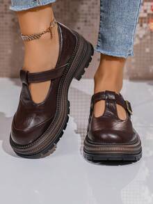 Women's Mary Jane Shoes, Platform Loafers, Preppy Style, Soft Insoles, Non-Slip Soles, Fashionable Serrated Embossed Design, Preppy Office Formal Shoes, Business Commuting Wear. - 棕色 - 查看 5