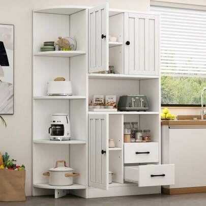 104*35*155cm Corner Wardrobes, Living Room Display Cabinet With 3 Cabinets + 2 Drawers, Living Room Bookshelves, Tall Cabinets And Highboard With A Total Of 14 Storage Areas, Bookshelves, Sideboard, White