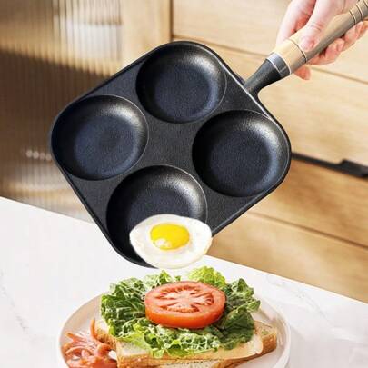 Cast Iron 4-Hole Frying Pan With Wooden Handle, Non-Stick Pan For Eggs, Household Breakfast Pan For Frying Eggs, Dumplings, And Pancakes, Multifunctional Pan For Making Burger Patties And Shrimp Cakes, Perfect Quick Tool For Breakfast Lovers And Home Kitchens