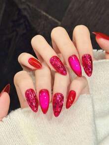 10PCS Almond Handemade Press On Nails For Party And Daily Wear ,Pink And White,White Nails,Almond Nails,Rose Ruby Cat's Eye Simple Solid Color,Easy To Wear10pcs Y2K Handmade Press On Nails,Clean And Gentle Wind Nails ,Clean And Gentle Wind Style,Suitable For Girls And Women Festivals Parties And Daily Wear Nail Supplies - Hot Pink - View 3