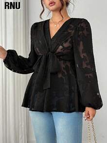 RNU Camicetta elegante e casual da donna, versatile per il pendolarismo, per appuntamenti, di alta moda, con dettagli in tessuto solido strutturato e chiffon trasparente, design con fiocco anteriore e polsini con volant, adatta per uscite, lavoro, occasioni versatili come Natale, Capodanno, rientro a scuola, feste e altro ancora. - nero - Visualizzare 8