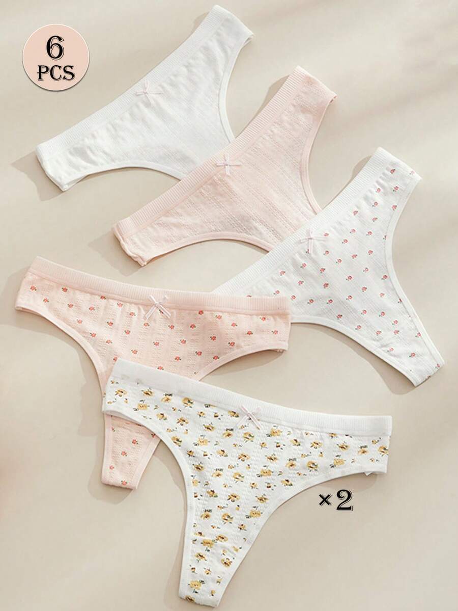 6pcs Women's Sexy Jacquard Thong Panties, Low Waist Plus Size Breathable Underwear