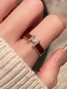 1 chiếc nhẫn hở hình chữ H phong cách Pháp tinh tế, tối giản, đính đá Zirconia tráng men cao cấp dành cho nữ - Vòng nhỏ giọt dầu H - Xem 13