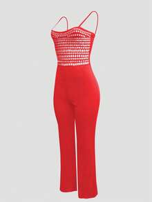 Tuta nera senza maniche da donna, elegante outfit da festa, decorata con paillettes e strass brillanti, realizzata in tessuto elastico, con spalline sottili con design di strass, tuta a gamba larga, abbigliamento sexy da festa - Rosso - Visualizzare 3