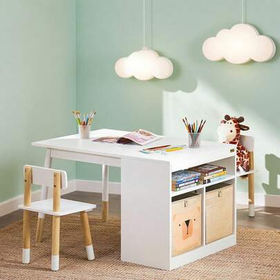 SoBuy Children's Table With 2 Chairs, Children's Seating Group With Storage Space, Play Table For Children, Multifunctional Activity Table For Children, Children's Seating Group Indoors, Children's Table And Chair Set, White KMB113-W