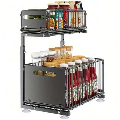 Estante de Almacenamiento Extraíble de 2 Niveles - Ahorra Espacio, Organizador Multifuncional para Armarios de Cocina y Baño, Estilo Moderno, Cestas de Estante