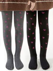 4 Pairs Girls' Heart & Bow Print Tight Leggings, High Density Knit, All Season - Multicolor - View 20