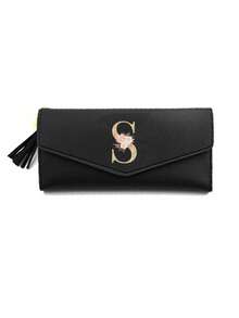 1 Pieza Cartera plegable de mujer de cuero PU negro con iniciales florales doradas A-Z, monedero lindo para niñas, cartera de moda para mujer con tarjetero mini y borla, impermeable, portátil, gran capacidad para tarjetas de crédito y efectivo, adecuada para negocios, casual, regalo de cumpleaños, regalo del Día del Maestro, regalo de Navidad.