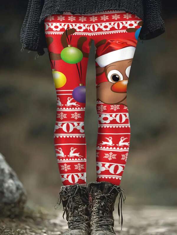 1 pieza Leggings con estampado navideño para mujer, mallas elásticas/adecuadas para otoño/invierno como capa base, deportes, yoga, uso casual