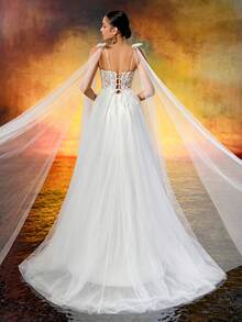 Sheer A-Line Wedding Dress, Lace Applique Spaghetti Strap, Fairy Style Bridal Gown, Sleeveless Elegant Floor-Length Dress - White - View 2