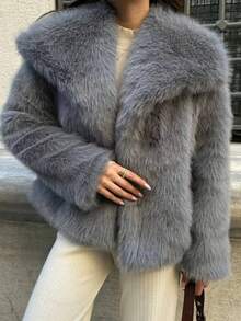 LEILEIBEI Nouvelle veste courte à col en fausse fourrure de renard épaissi pour l'automne/l'hiver, vêtement d'extérieur mi-long à effet fourrure jeune et - Gris foncé - Voir 11
