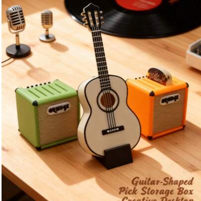 1 Set Caja de almacenamiento modelo de guitarra en miniatura - Decoración creativa, adecuada para escritorio, estantería, rincón musical, excelente para que los entusiastas de la guitarra exhiban y mantengan limpias las púas