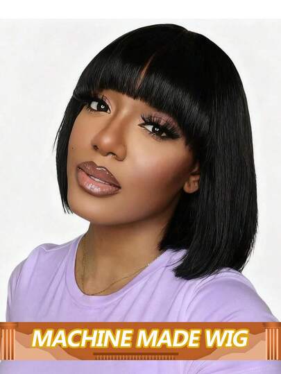 Perruques carré court en cheveux humains raides avec frange, perruque fabriquée à la machine avec raie au milieu, perruque en cheveux humains sans colle avec frange pour femmes, densité de 180%