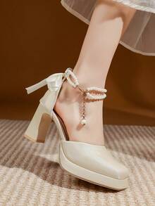 (Suggest Ordering One Size Up) Latest New Thick Heel Waterproof Platform Super High Heel Satin Pearl Bow Shehua Wedding Bridal Shoes - Beige - View 8