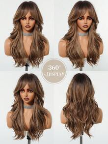 24 Inch Long Wavy Dark Brown Wig With Bangs Light Highlights Synthetic Wig, Natural-Looking Hairpiece For Women Perfect Daily Wear, Party & Fashion Styling - Màu nâu ombre - Xem 6