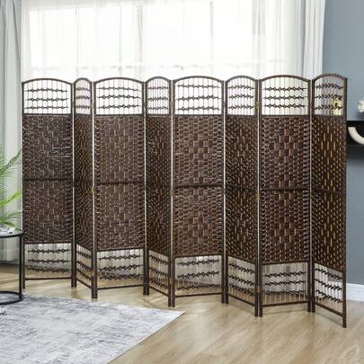 8 Panel Folding Room Divider Privacy Screen Wave Fiber Room Separator Brown