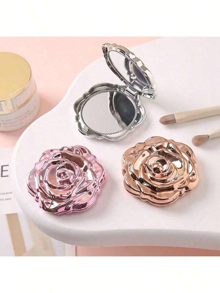 1/2 Rose Shaped Mini Makeup Mirror, Party Gift, Rose Shaped Mirror Bag Pocket Mirror, Folding Flower Retro Personal Makeup Mirror For Convenient Carrying - 玫瑰金 - 查看 1