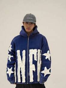 Y2K Mens Zip Up Hoodies Fashion Vintage Wash Letter Applique Sweatshirt Oversized Street Grunge Hip-Hop Sports Jacket - Màu xanh lam - Xem 6