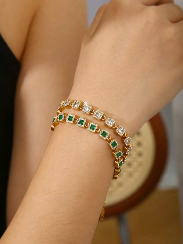 TONSI 1pc Elegant French Retro Luxury Minimalist Romantic Geometric Square Inlaid Diamond 18K Gold Plated Stainless Steel Bracelet, Suitable For Festivals, Daily Wear, Work, Parties, Gatherings, Women's Jewelry