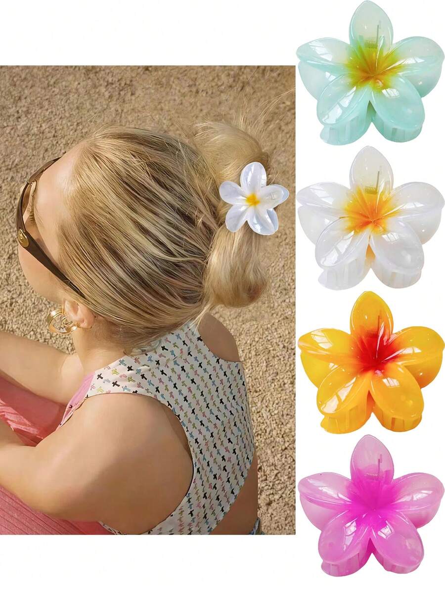 4pcs/1pc 7.6cm/2.99in White, Yellow, Blue, Pink, Jelly Color Flower Shaped Large Lightweight Plastic Hair Clips, Fashion Versatile High-End Elegant Simple Solid Color Hair Claws, Suitable For Daily Outing, Casual, Party, Commute, Vacation, Ponytail, Bun, Face Washing, Makeup, Outfit Matching Elegant Claw Clips Winter Hair Accessories - Multicolor - View 1