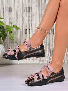 1 Pair Teenage Girls' Bow Decor Ballet Flats - Black - View 1