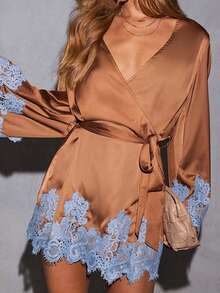 Women's Satin V Neck Lace Trim Mini Dress Long Sleeve Wasit Tie Silky Slip Cocktail Party Dresses - 棕色 - 查看 2