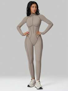 MFVIM 女士长袖连体裤，半拉链设计，紧身性感运动服，高强度瑜伽训练服