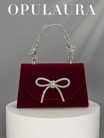 Bolso de mano de terciopelo burdeos para mujer de OpulAura, con solapa elegante, decoración con lazo brillante y cristales, bolso de lujo para eventos formales, adecuado para galas, fiestas, bodas y cumpleaños