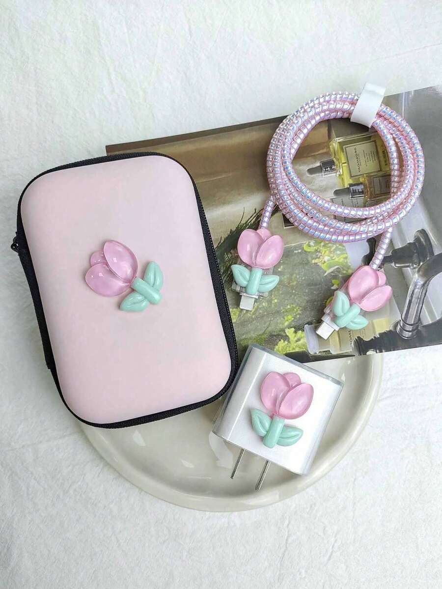 6pcs/Set Pink Tulip Pattern Phone Charging Cable, Power Adapter, Data Cable Organizer Case - Tulip - View 1