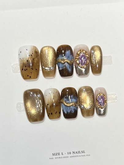 10片手工方形亚克力美甲贴片，中号，柔和棕色渐变，金色闪亮猫眼，不规则圆点3D线条，简约前卫优雅秋季美甲，秋季美甲贴片，假指甲，圣诞美甲，适合派对、日常、约会、海滩、热带度假等场合，DIY假指甲艺术，适合女性和女孩作为礼物，美甲用品