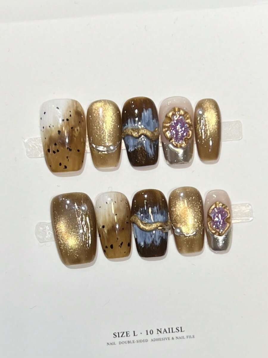 10片手工方形亚克力美甲贴片，中号，柔和棕色渐变，金色闪亮猫眼，不规则圆点3D线条，简约前卫优雅秋季美甲，秋季美甲贴片，假指甲，圣诞美甲，适合派对、日常、约会、海滩、热带度假等场合，DIY假指甲艺术，适合女性和女孩作为礼物，美甲用品 - 棕色 - 查看 1